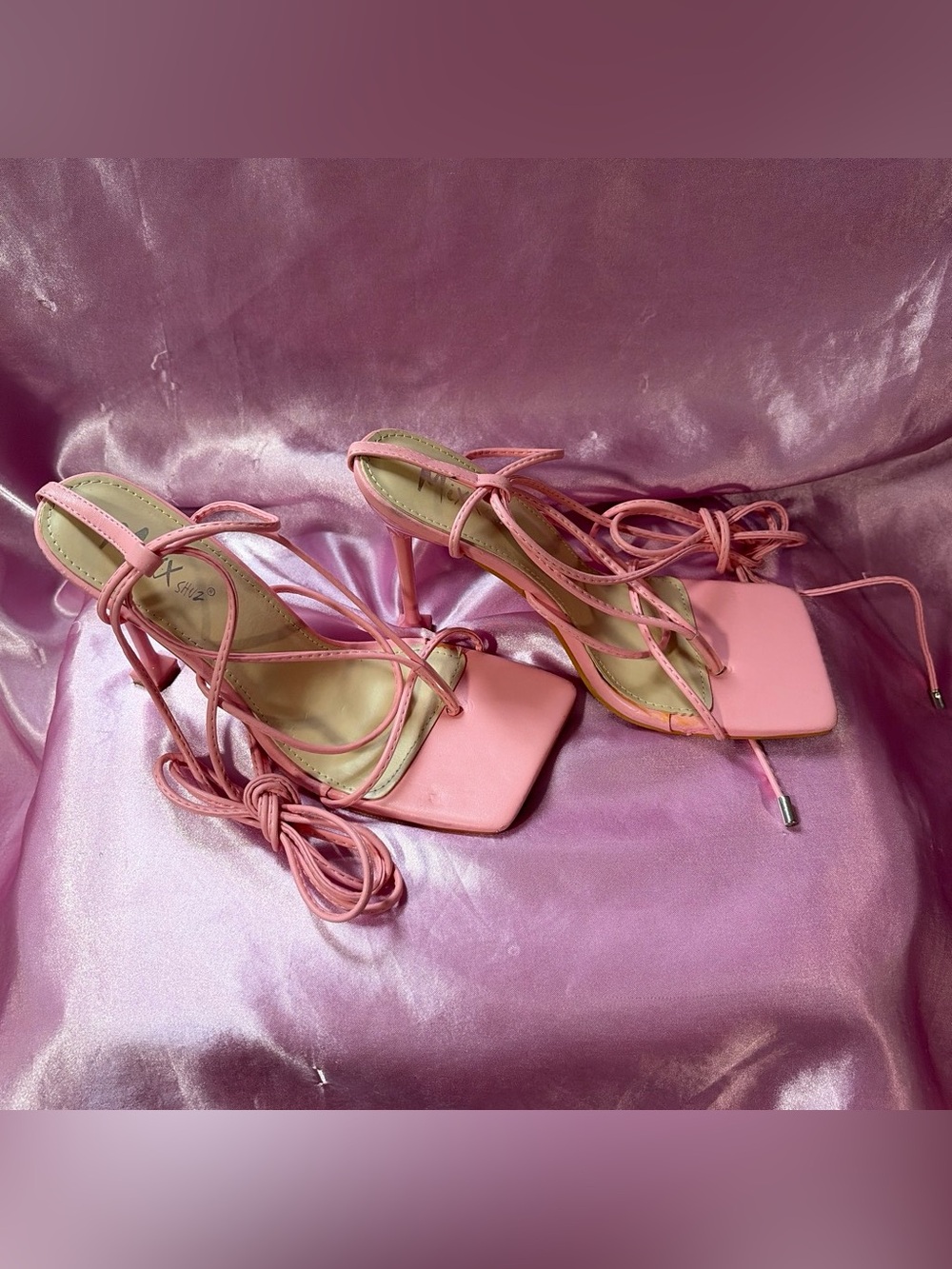 Pink Strappy Lace-Up Women's Heeled Sandals - Picture 2 of 7